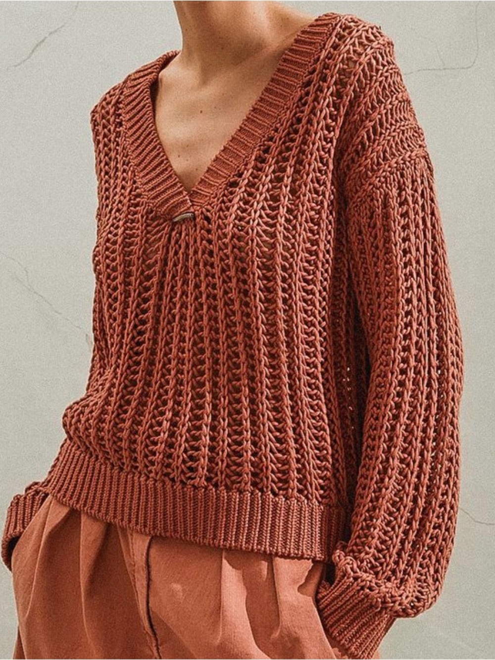 Brunello Cucinelli Woven Terracotta Sunset Handknit Sweater Size Small